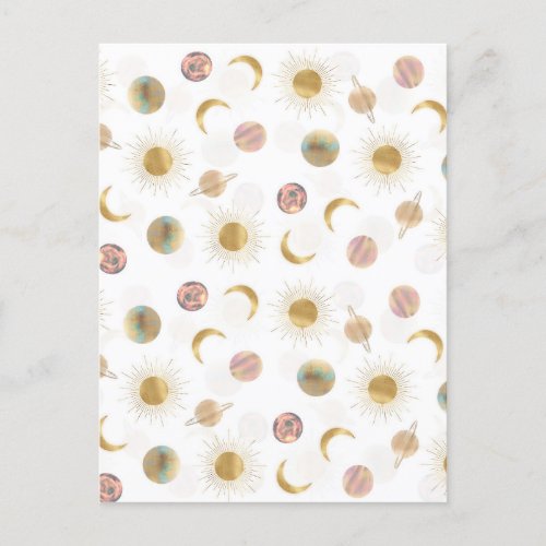 Gold Sun Moon Planets Space White illustration Holiday Postcard