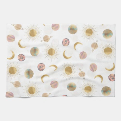 Gold Sun Moon Planets Space White illustration Kitchen Towel
