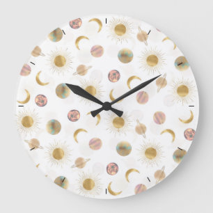 Gold Sun Moon Planets Space White illustration Large Clock