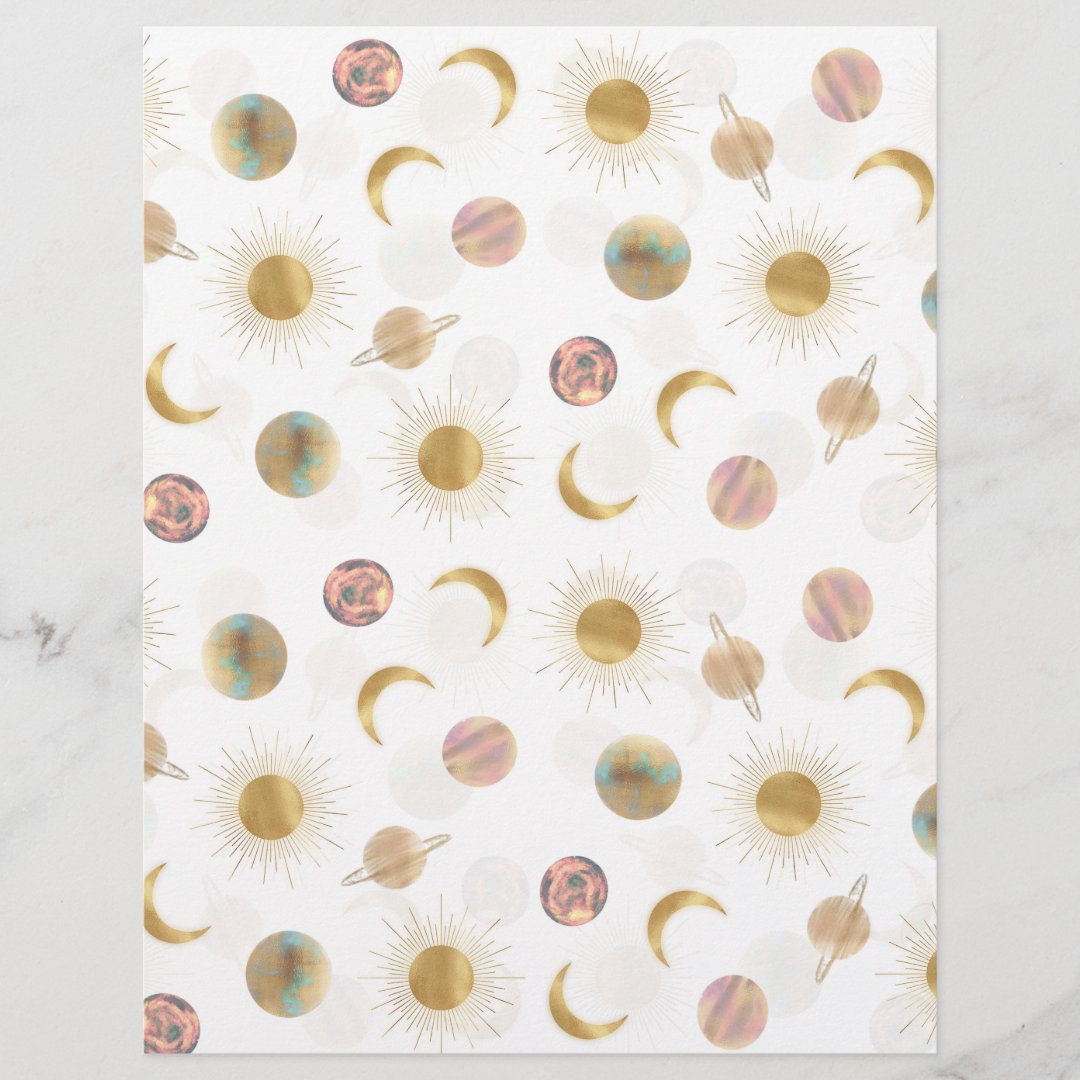Gold Sun Moon Planets Space White illustration Letterhead | Zazzle