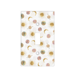 Gold Sun Moon Planets Space White illustration Light Switch Cover