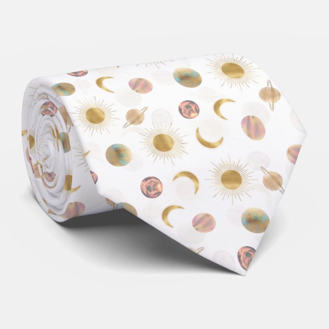 Gold Sun Moon Planets Space White illustration Neck Tie (Rolled)