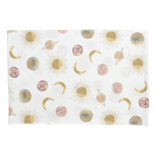 Gold Sun Moon Planets Space White illustration Pillow Case (Front-Left)