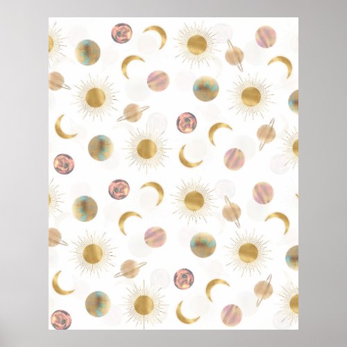 Gold Sun Moon Planets Space White illustration Poster