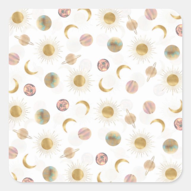 Gold Sun Moon Planets Space White illustration Square Sticker (Front)