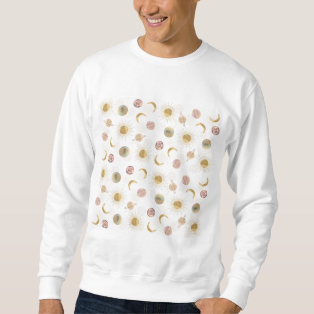 Gold Sun Moon Planets Space White illustration Sweatshirt (Front)