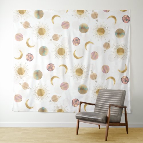 Gold Sun Moon Planets Space White illustration Tapestry