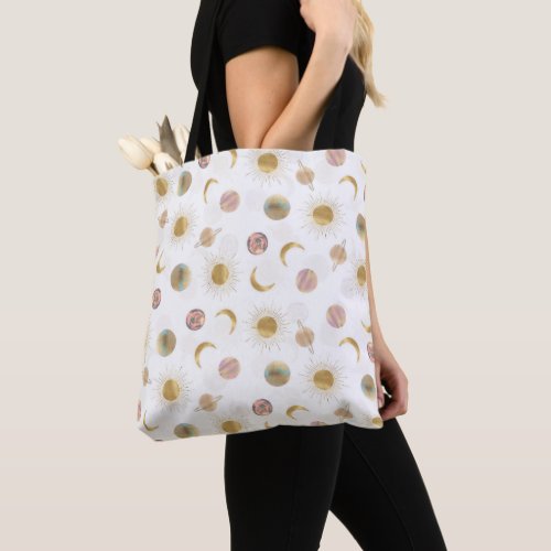 Gold Sun Moon Planets Space White illustration Tote Bag