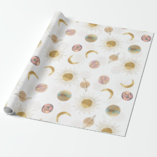 Gold Sun Moon Planets Space White illustration Wrapping Paper