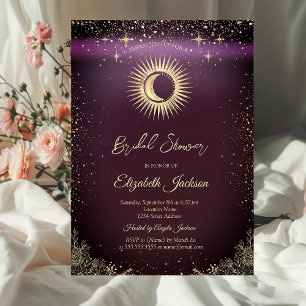 Gold Sun,Moon,Stars Flowers Burgundy Bridal Shower Invitation
