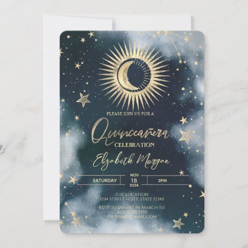 Gold SunMoonStars Night Sky Quinceanera Invitation