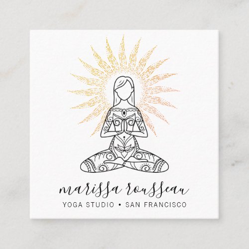 Gold sun Rays Lotus Pose Yoga Instructor  Square Business Card