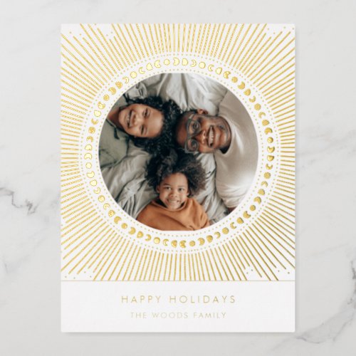 Gold sunburst frame art deco family photo foil holiday postcard