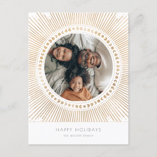 Gold sunburst frame art deco family photo Holiday Postcard