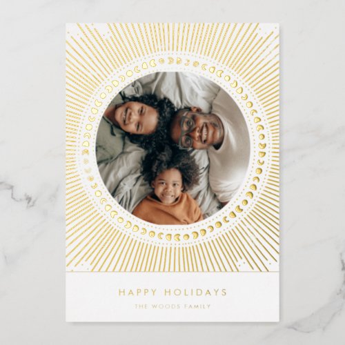 Gold sunburst frame art deco photo foil holiday card
