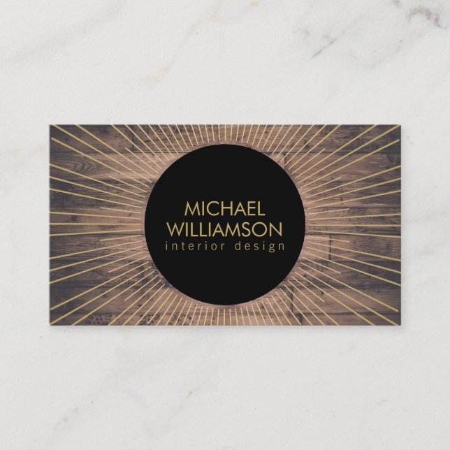 Gold Sunburst with Rustic Woodgrain Designer Business Card (Front)