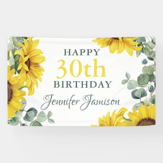 Gold Sunflower 30th Birthday Party Banner (Horizontal)