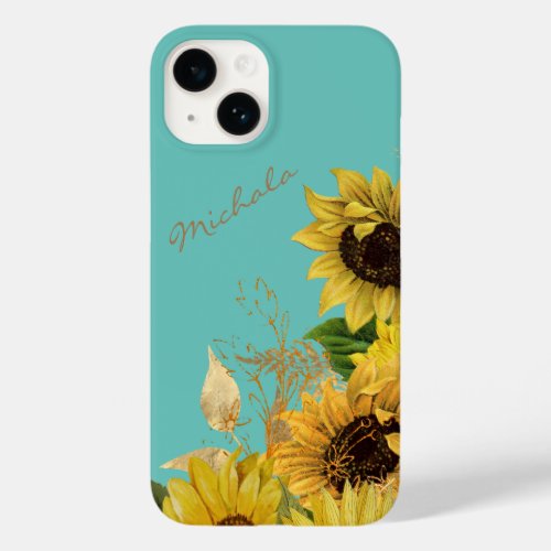 Gold Sunflower Bouquet on Sky Blue Case_Mate iPhone 14 Case