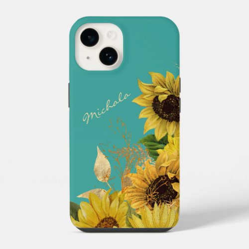 Gold Sunflower Bouquet on Sky Blue iPhone 14 Case