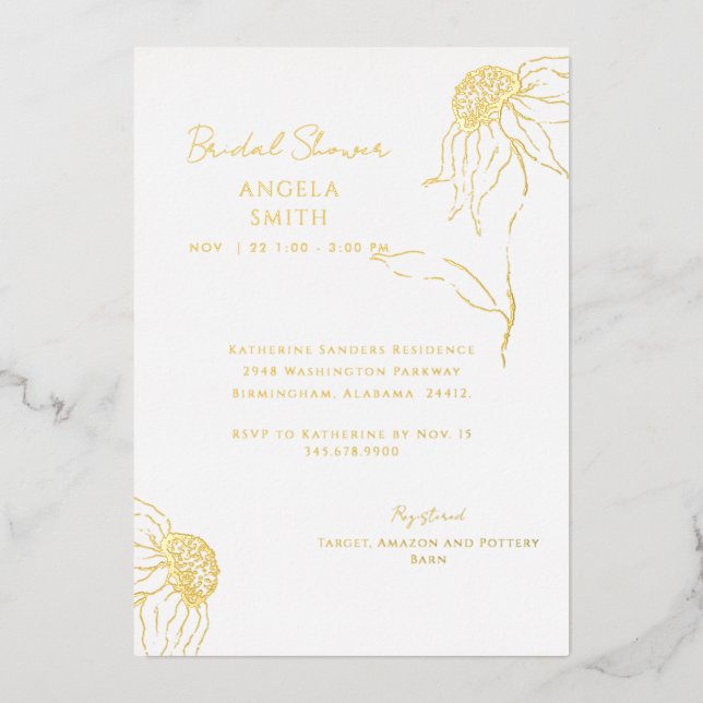 Gold Sunflower Bridal Shower  Foil Invitation (Front)