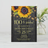 Gold sunflower country barnwood 100 fabulous years invitation (Standing Front)