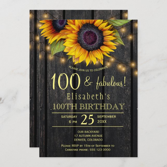 Gold sunflower country barnwood 100 fabulous years invitation (Front/Back)