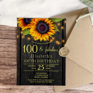 Gold sunflower country barnwood 100 fabulous years invitation