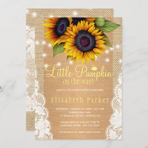 Gold sunflower country burlap and lace baby shower invitation