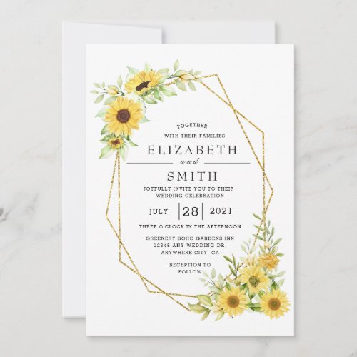Gold Sunflower Geometric Rustic Elegant Wedding Invitation
