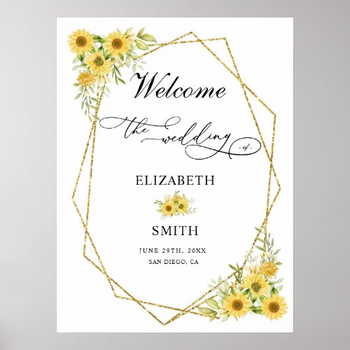 Gold Sunflower Geometric Rustic Elegant Wedding Poster