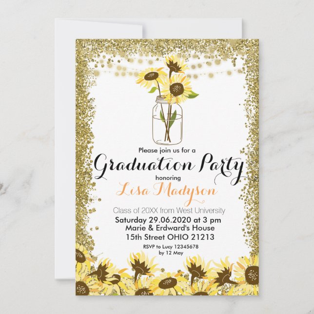 Gold Sunflower Graduation Party Invite (Front)