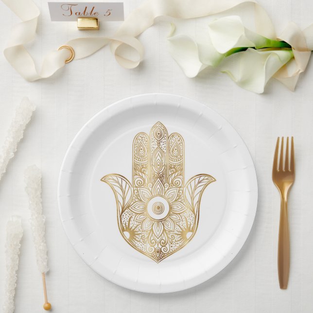 Gold Sunflower Hamsa Hand Paper Plates (Wedding)