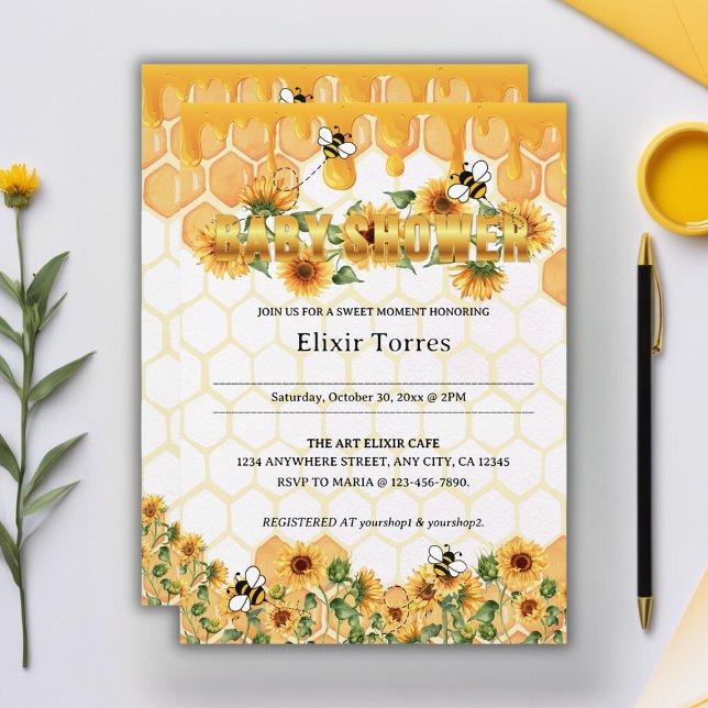 Gold Sunflower Honeycomb Honeybee Baby Shower Invitation (Creator Uploaded)