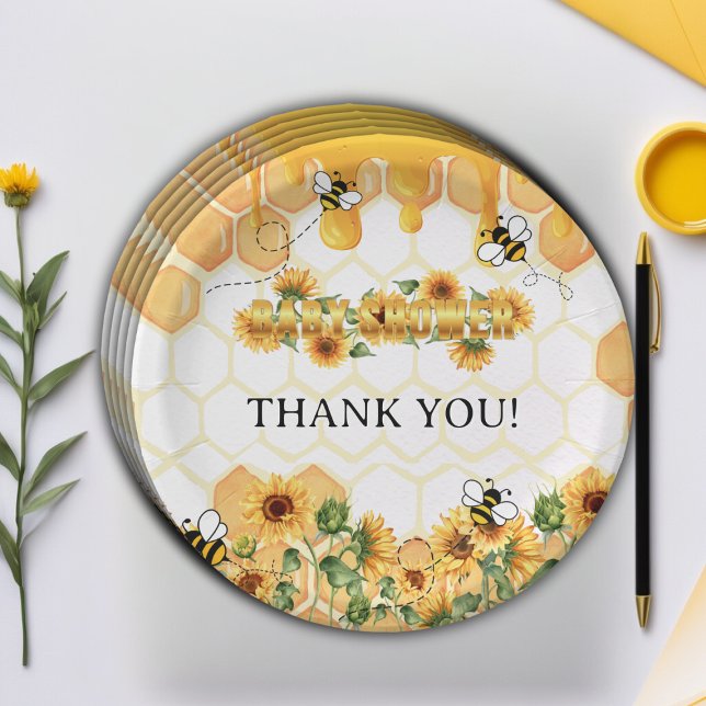 Gold Sunflower Honeycomb Honeybee Baby Shower Paper Plates (Creator Uploaded)