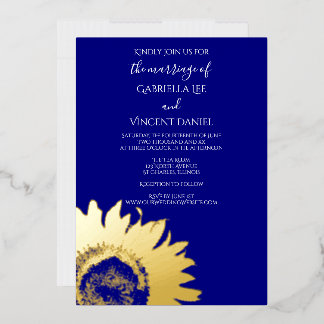 Gold Sunflower on Navy Blue Wedding Foil Invitation