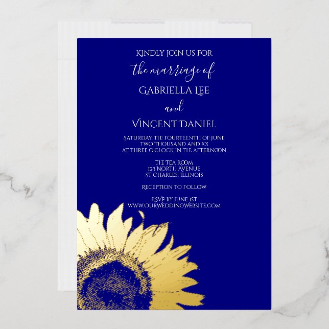 Gold Sunflower on Navy Blue Wedding Foil Invitation (Envelope)