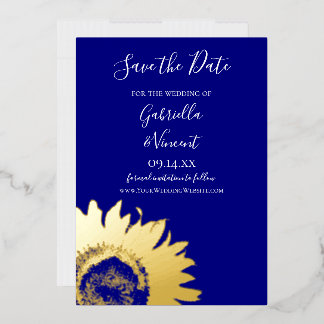 Gold Sunflower on Navy Blue Wedding Save the Date Foil Invitation