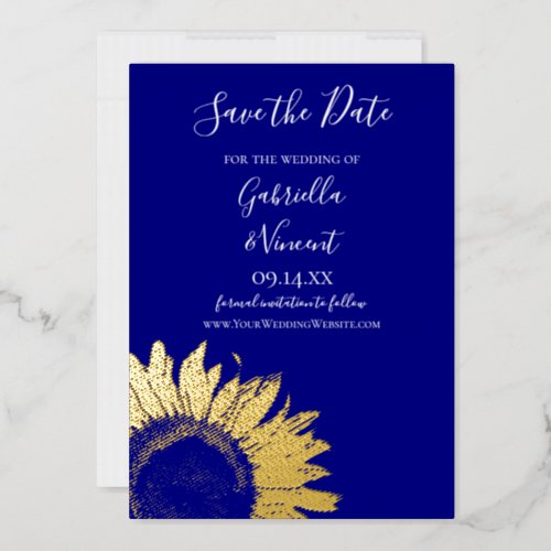 Gold Sunflower on Navy Blue Wedding Save the Date Foil Invitation