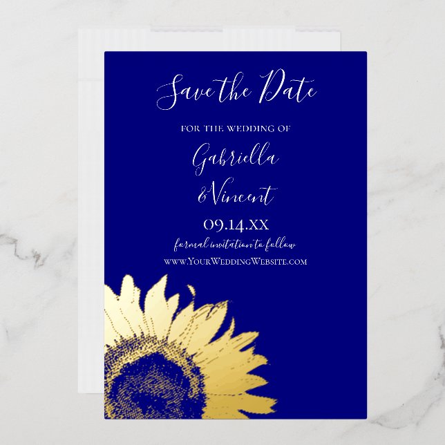 Gold Sunflower on Navy Blue Wedding Save the Date Foil Invitation (Envelope)