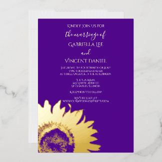 Gold Sunflower on Purple Wedding  Foil Invitation