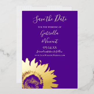 Gold Sunflower on Purple Wedding Save the Date  Foil Invitation