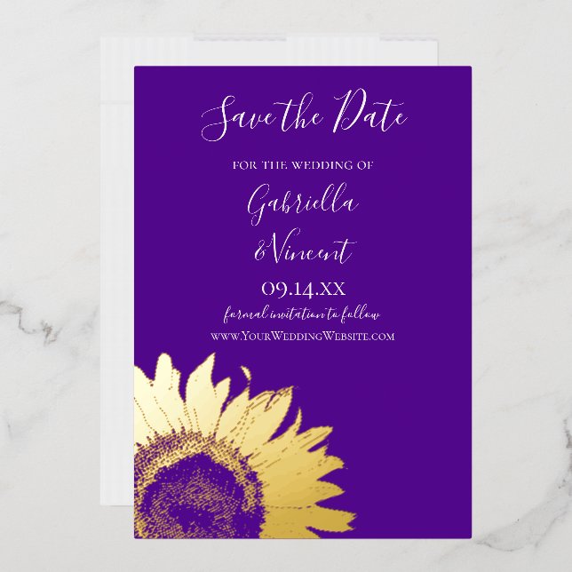 Gold Sunflower on Purple Wedding Save the Date  Foil Invitation (Envelope)