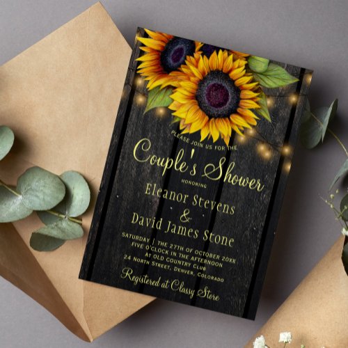 Gold sunflower rustic barn wood couples shower invitation