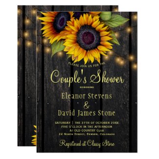Gold sunflower rustic barn wood couples shower invitation