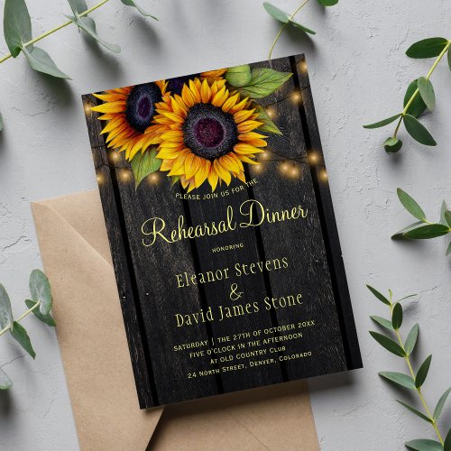 Gold sunflower rustic barn wood rehearsal dinner invitation