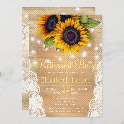 Gold sunflower rustic burlap lace retirement party invitation