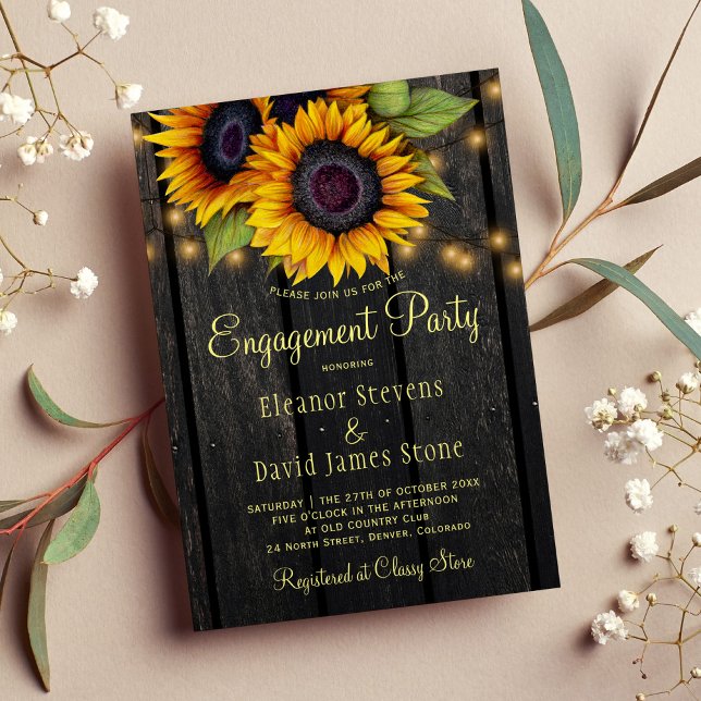 Gold sunflower rustic country barn wood engagement invitation (Creator Uploaded)