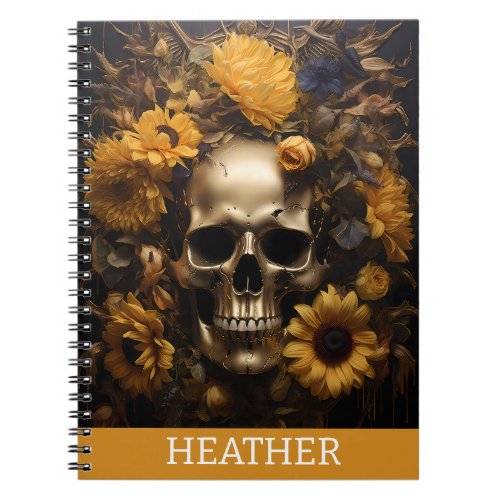 Gold Sunflower Skull Personalized monogram Notebook