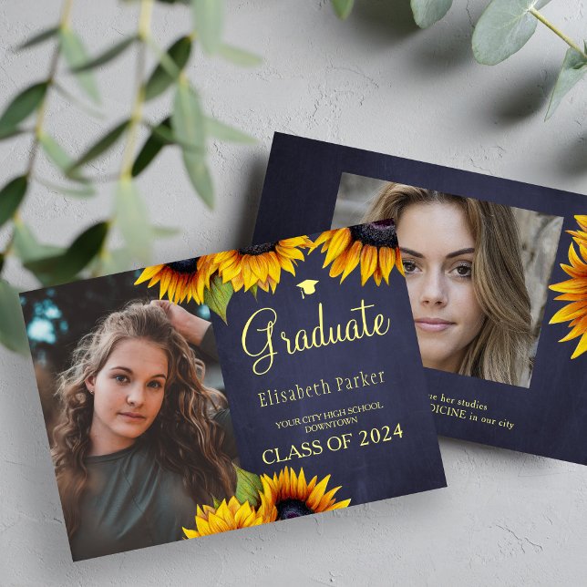 Gold sunflowers 2 photos graduation announcement (Creator Uploaded)