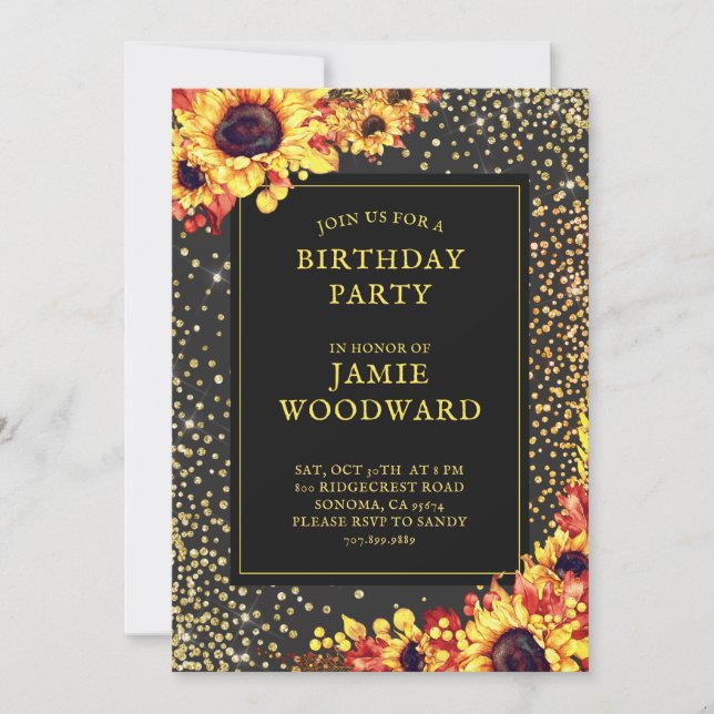 Gold Sunflowers Birthday Party Invitation (Front)